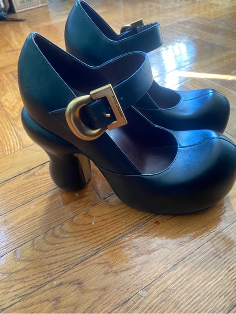 Marc Jacobs Black Mary Jane Platform Heels with Gold Buckle - Picture 3 of 4
